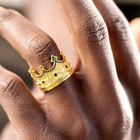 Iced Cross King Crown Ring in 18K Gold