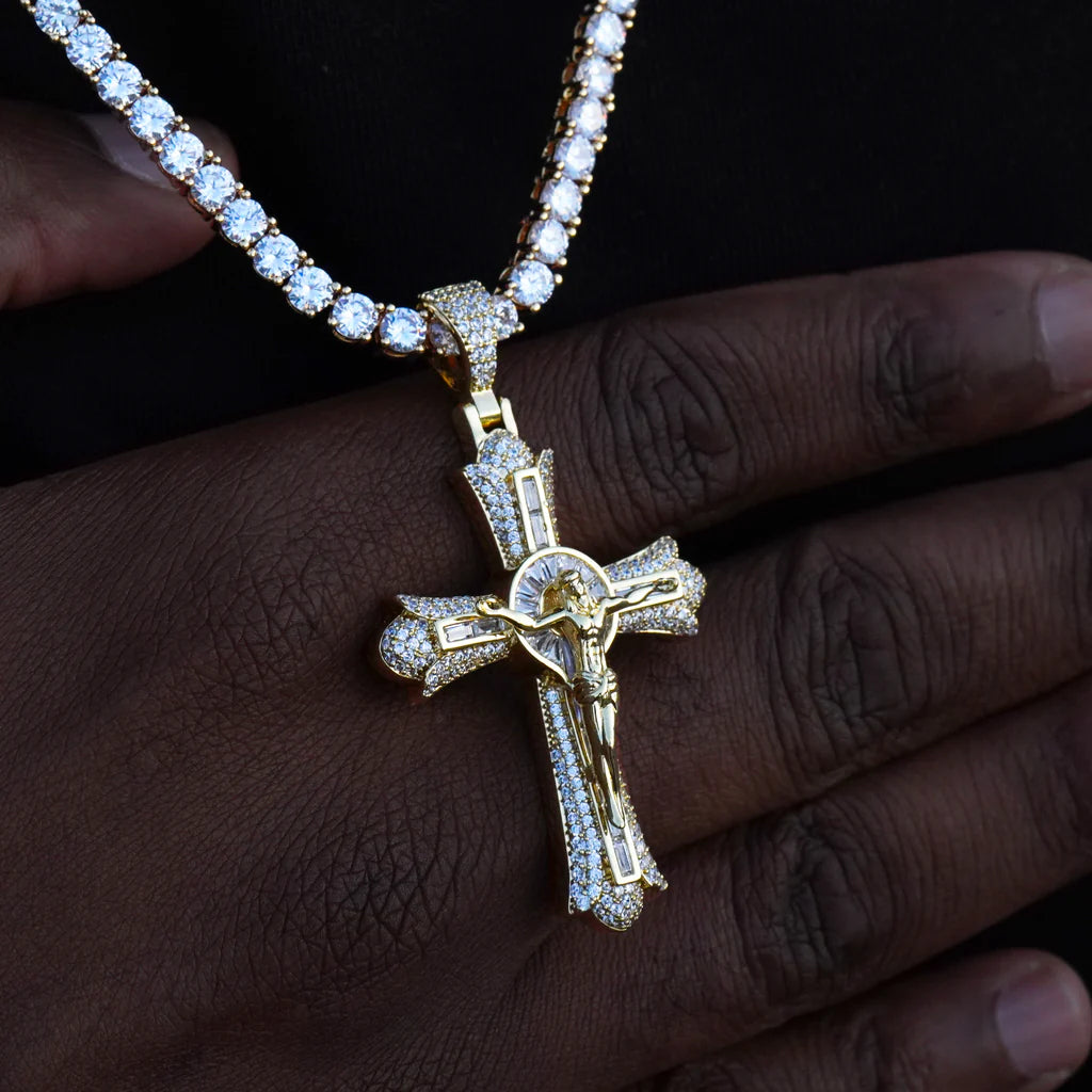 Jesus Crucifix Baguette Cross Necklace in 18K Gold