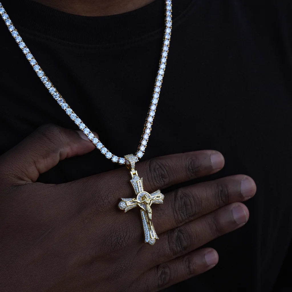 Jesus Crucifix Baguette Cross Necklace in 18K Gold