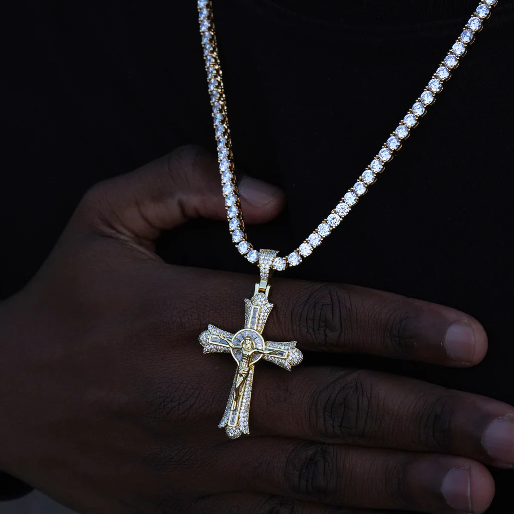 Jesus Crucifix Baguette Cross Necklace in 18K Gold